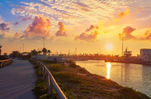 Promenade entlang eines Hafens bei Sonnenuntergang mit Wasser, Booten und Palmen am Meer.