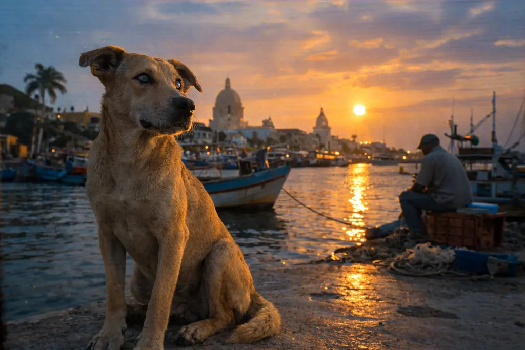 Ein sandfarbener Streunerhund mit hellblauen Augen sitzt am Hafen von Cartagena in der Abendsonne. Das Foto wirkt leicht verschwommen und körnig wie eine 90er‑Jahre-Handyaufnahme. Fischerboote und warmes Licht spiegeln sich im Wasser.