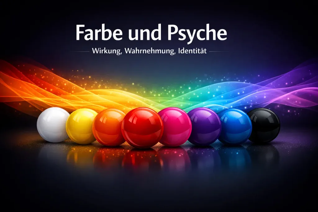 Digitales Titelbild zum Thema Farbpsychologie: Eine Reihe glänzender Farbkugeln – von Weiß über Gelb, Orange, Rot, Magenta, Violett, Blau, Türkis, Grün bis Schwarz – liegt auf einem reflektierenden Untergrund vor einem dunklen Hintergrund. Dahinter verläuft eine leuchtende, wellenförmige Farbspur in Regenbogenfarben. Oben steht der Titel ‚Farbe und Psyche – Wirkung, Wahrnehmung, Identität‘ in weißer Schrift. Unten ist das i-pix creativ Logo in Orange und Weiß zu sehen.