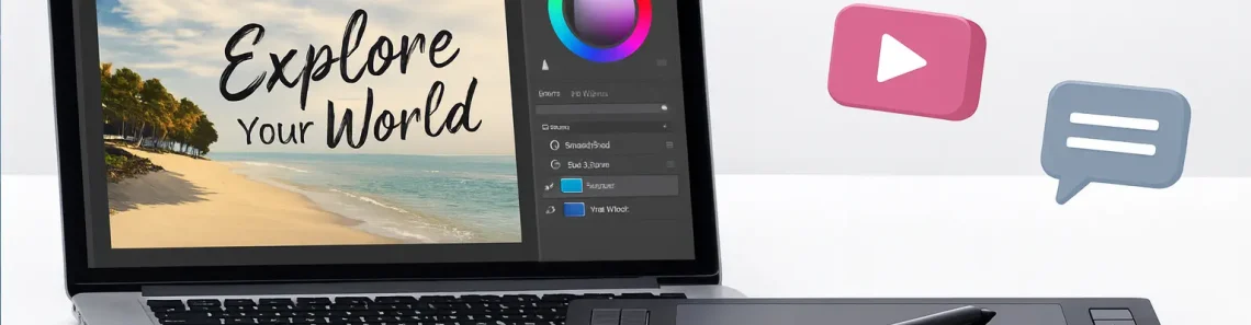 Banner‑Illustration zu Grafikdesign mit kreativen Symbolen wie Farbpalette, Designwerkzeugen und visuellen Gestaltungselementen.