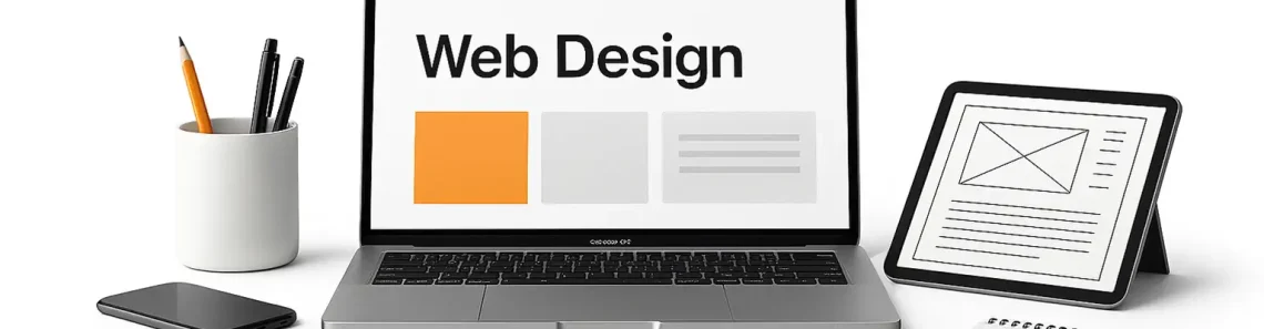 Banner‑Illustration zu Webdesign mit Monitor‑Icon, responsiven Layout‑Elementen und kreativen Gestaltungssymbolen.