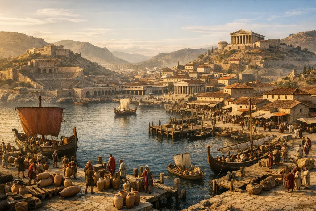 Historisch realistisches Panorama der römischen Hafenstadt Carthago Nova im Jahr 50 n. Chr., mit einem geschäftigen Hafen voller römischer Schiffe, Amphoren und Menschen in antiker Kleidung, umgeben von monumentaler Architektur und mediterraner Landschaft im warmen Abendlicht.