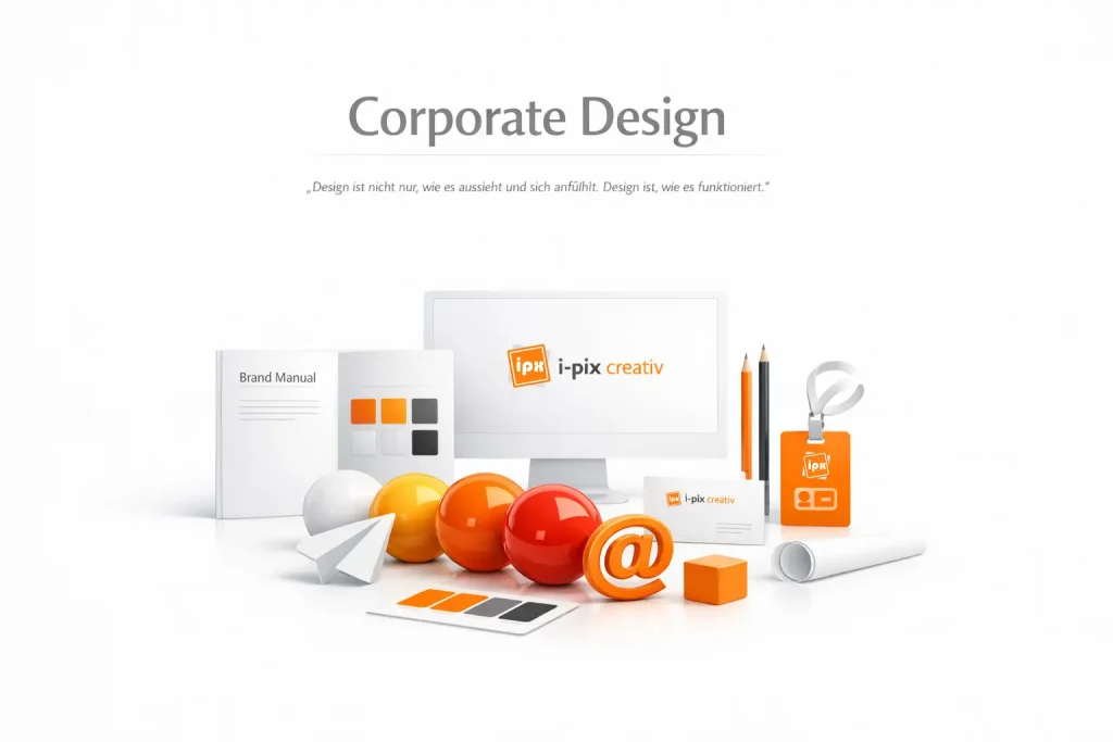 „Minimalistisches Titelbild zum Thema Corporate Design: Auf weißem Hintergrund sind zentrale Gestaltungselemente wie ein Brand Manual mit Farbfeldern (inklusive i-pix-Orange #ff8a1f), ein Monitor mit dem i-pix creativ Logo, ein Business‑Card‑Mockup, ein orangefarbener Ausweis, Stifte und 3D‑Icons (Papierflieger, @‑Symbol, Sprechblase) stilvoll arrangiert. Darüber steht der Titel ‚Corporate Design‘ sowie ein Zitat 