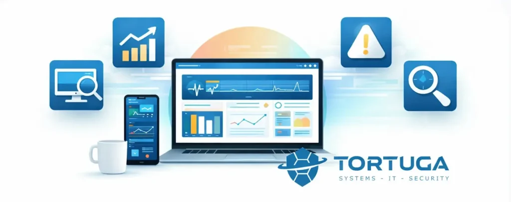 Illustration zu IT-Security mit Schild-Symbol, Schloss, Firewall-Icon und vernetzten Sicherheitselementen zum Schutz digitaler Systeme.