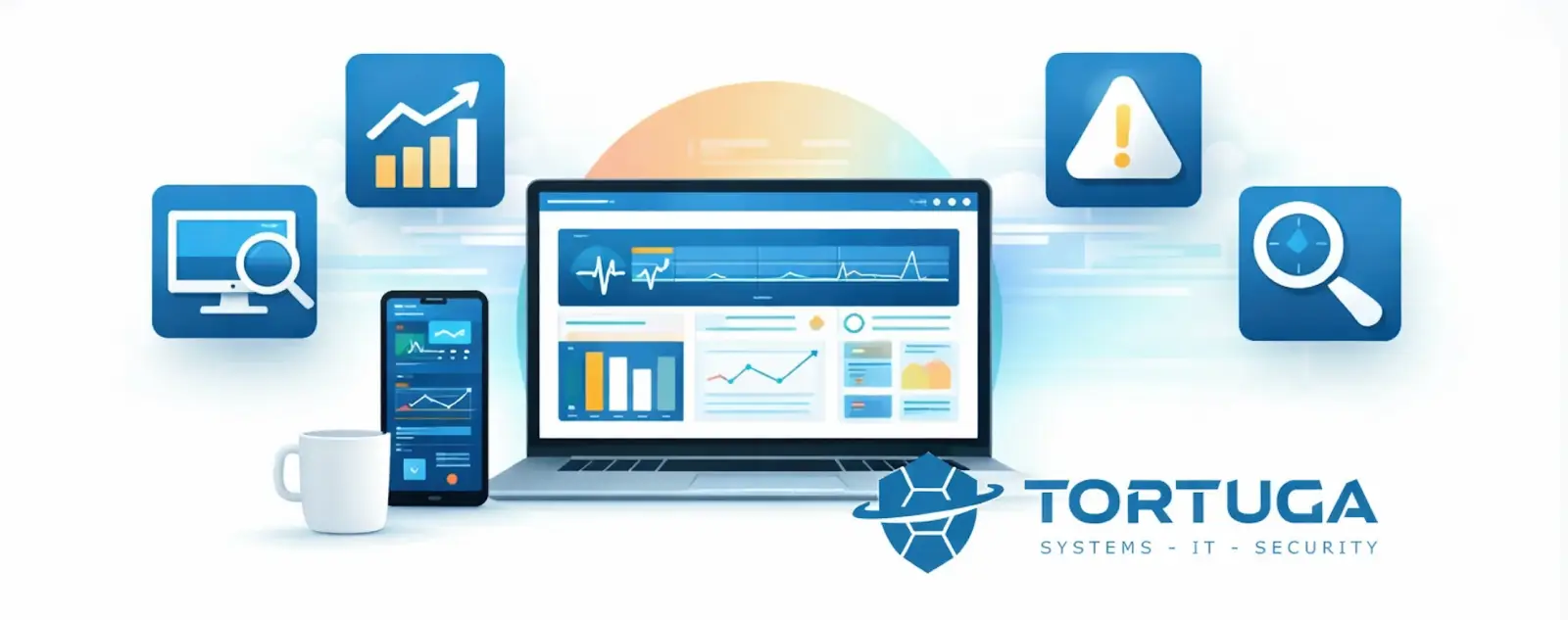 Illustration zu IT-Security mit Schild-Symbol, Schloss, Firewall-Icon und vernetzten Sicherheitselementen zum Schutz digitaler Systeme.